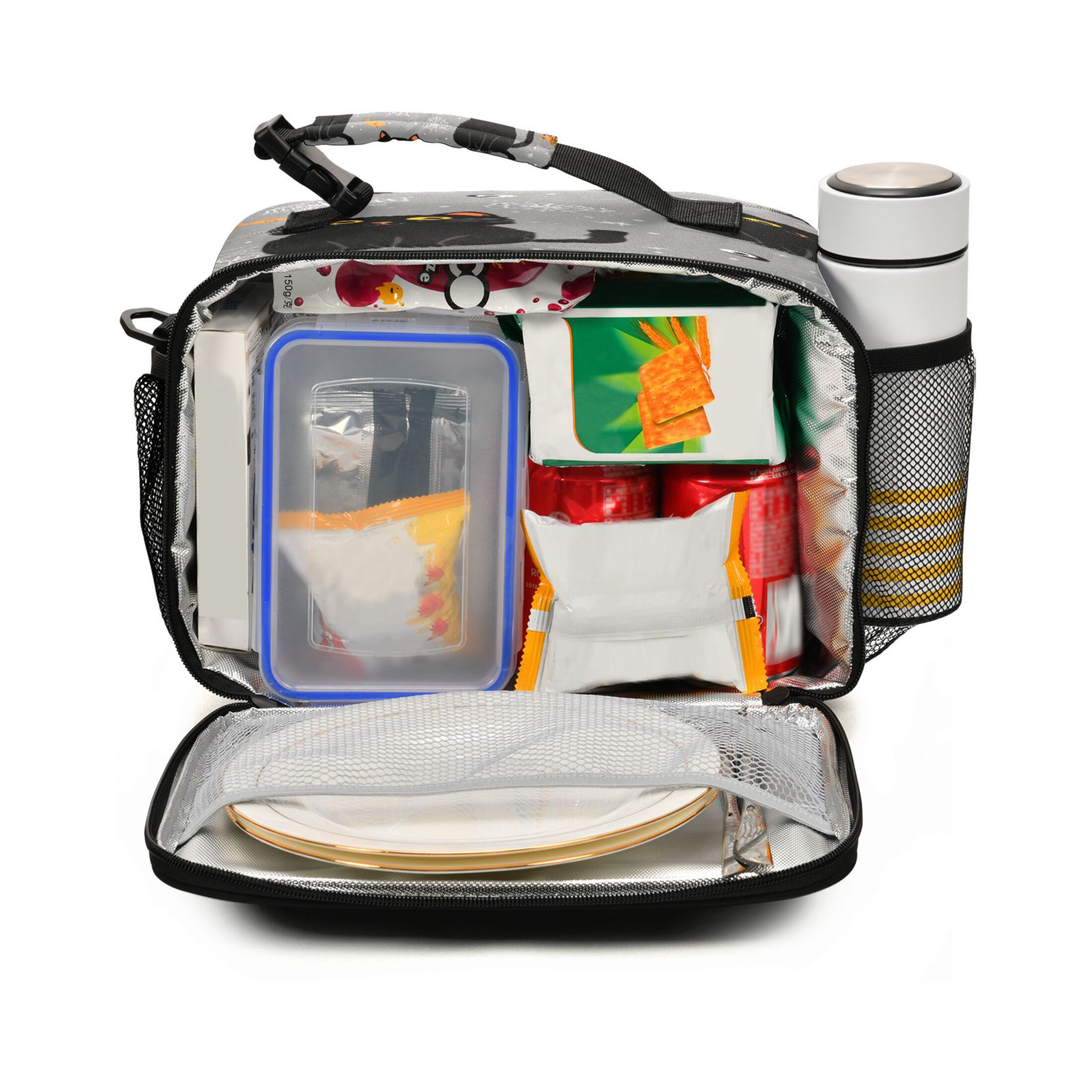 Insulated Lunch Bag 6L Leak-Proof Lunch Box with Shoulder Strap Multiple Pockets Lunch Tote Black Cat and Spider Web