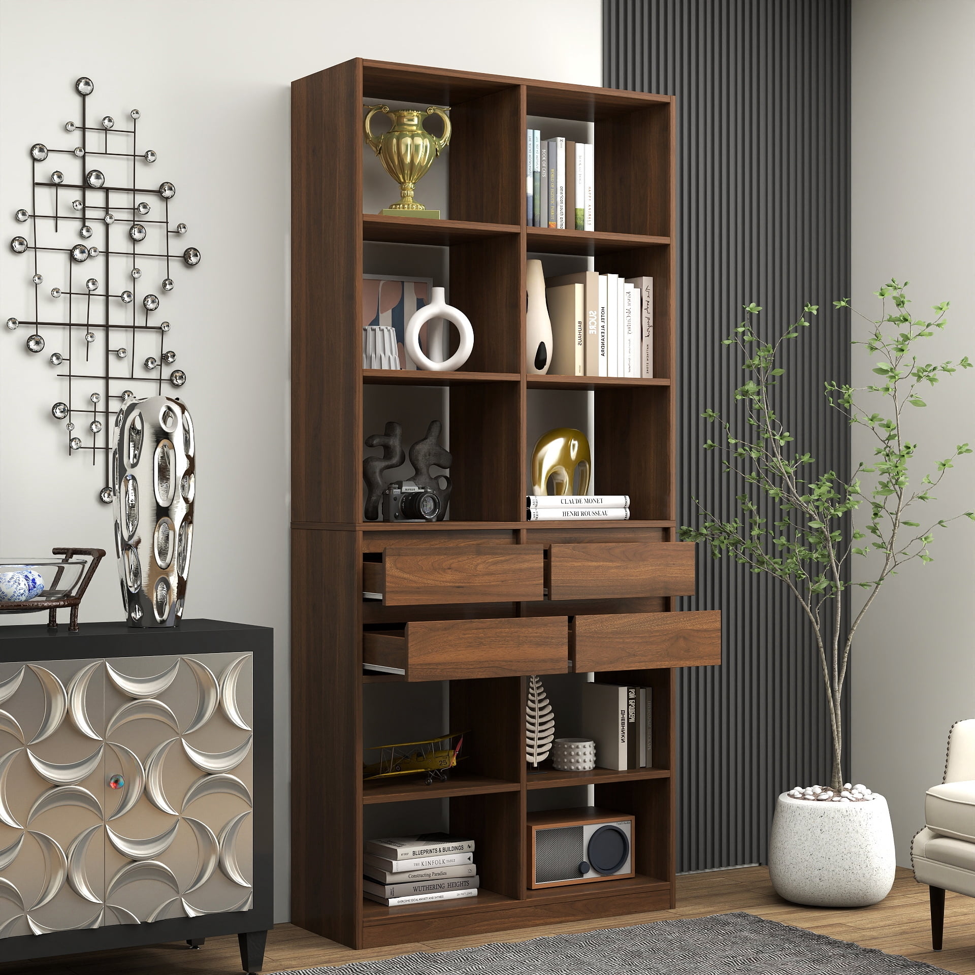 Mintazer Tall Bookcase with 10 Open Cubbies, Freestanding Bookshelf with 4 Storage Drawers, Multi‑Purpose Display Cabinet for Living Room Bedroom Home Office, Walnut Brown