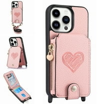 ELEHOLD Crossbody Wallet Case for iPhone 15 Pro Max with Card Holder, Zipper Card Slot Shockproof Purse Stand Cover with Removable Lanyard  Crossbody Shoulder Strap 6.7 Inch,Pink