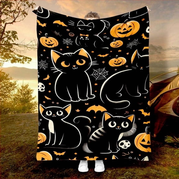 1pc Halloween Blanket, Little, Pumpkin, Spider, Dark Castle, Blanket, Exclusive Dark Halloween Blanket with Print, Soft and Warm Flannel Blanket, Nap Blanket for Sofa, Office, Bed, Camping, Travel, M