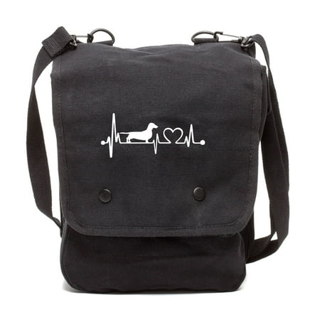 Dachshund Heartbeat Canvas Crossbody Travel Map Bag Case in Black &