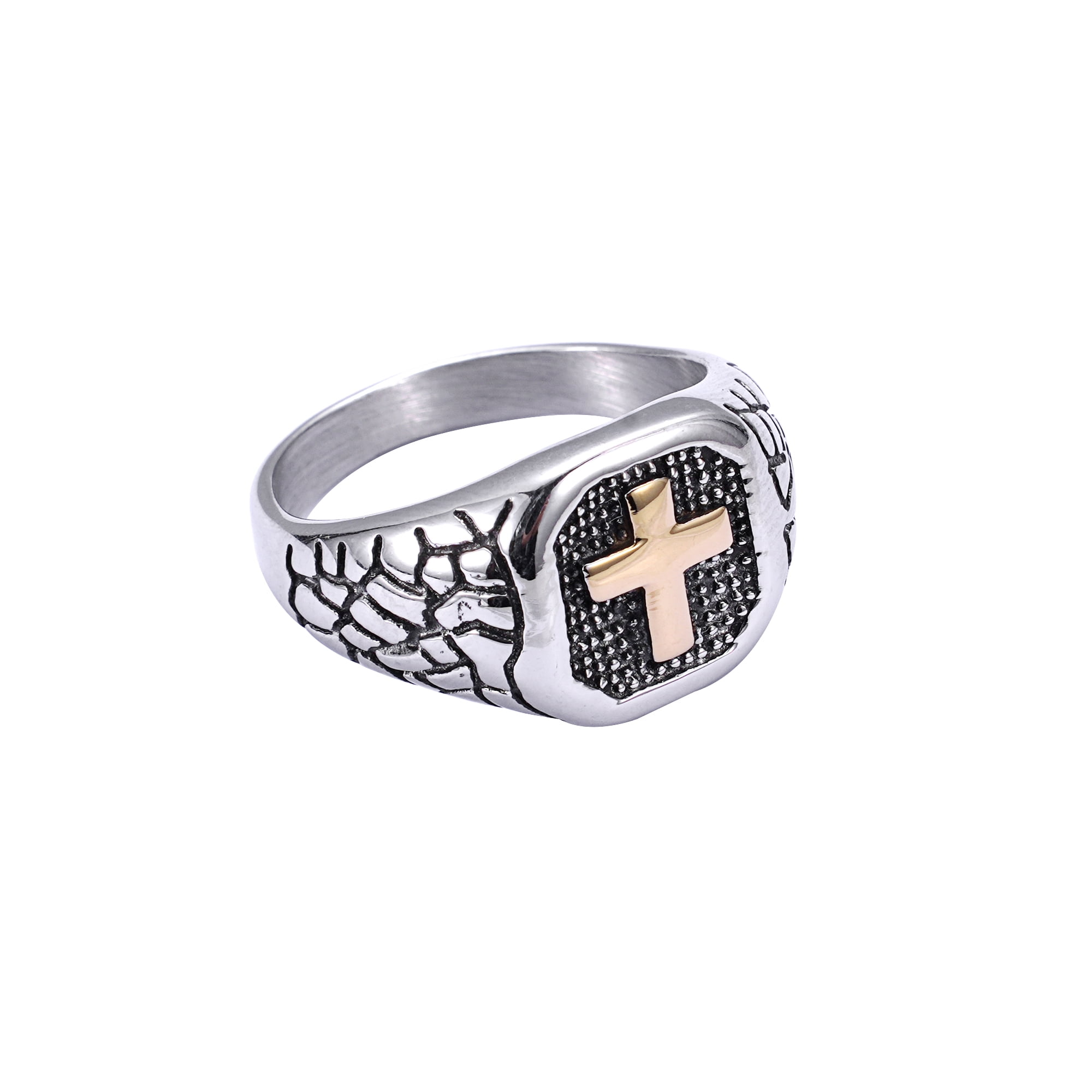 Iron Saints Men Two Tone Textured Cross Signet Ring, Stainless Steel, Religious Men Gift
