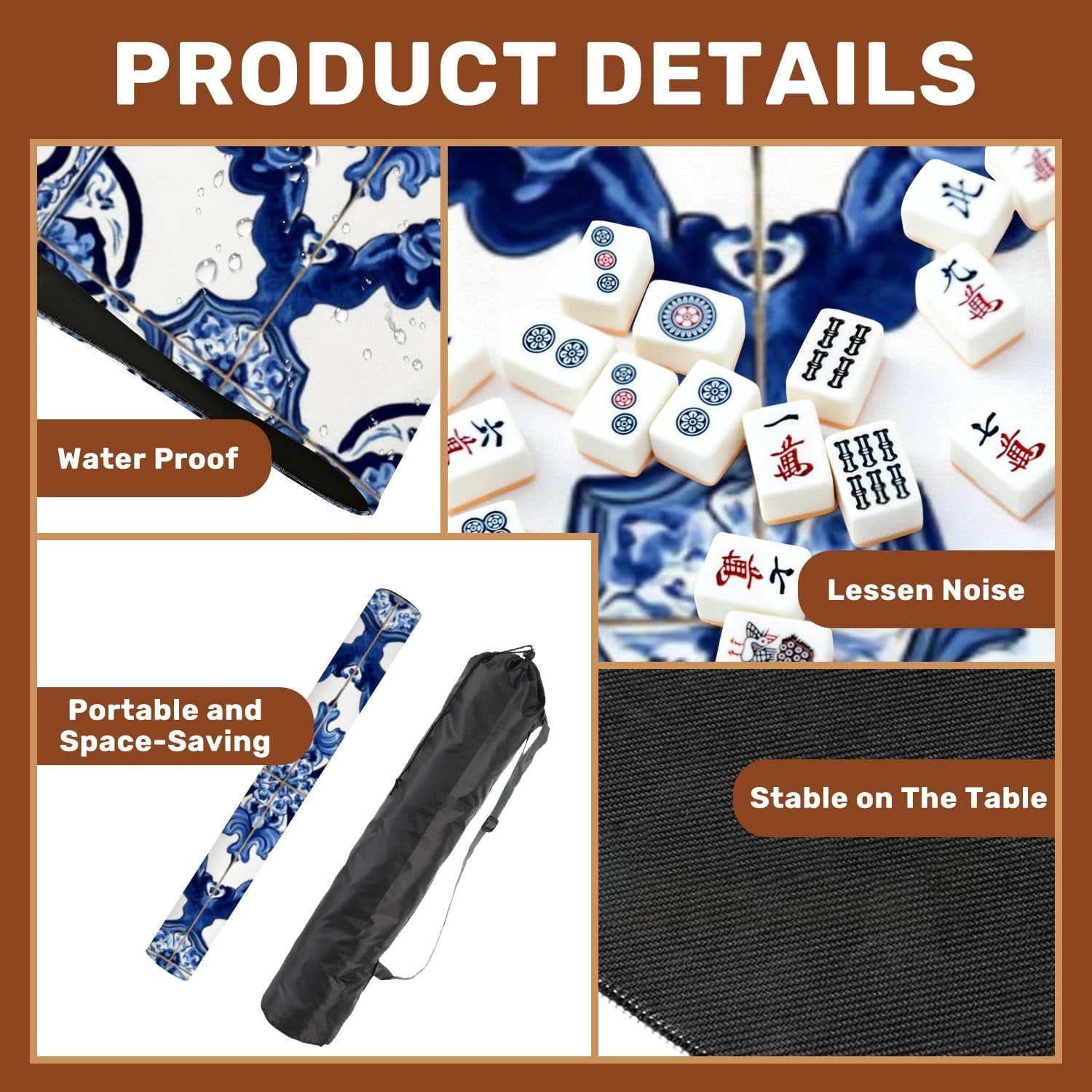 Mahjong Mat 31.5" x 31.5" Blue White Ornate Floral Tile Non-Slip Noise Reduction Mahjong Tiles Table Cover for Dominoes Poker Card Board and Tile Games Gift