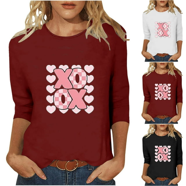 RKSTN Valentine's Gifts Women's 3/4 Sleeve T Shirts Top Oversized Crewneck Valentines Graphic Print Short Sleeve Shirt Womens Casual Solid Round Neck Loose Three Quarter Sleeve Shirt Spring Clothes