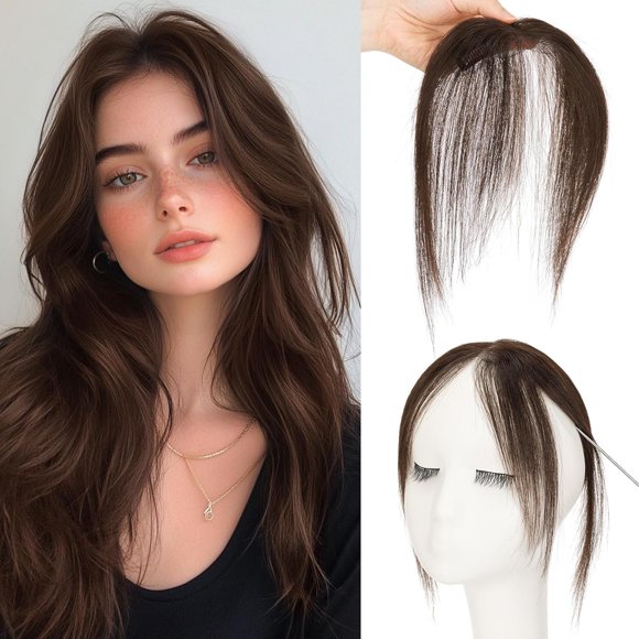 Yanonmyfd  Dark Brown Bangs Hair Clip,Middle Part Clip in Bangs Human Hair Natural Curtain Fringe with Temples Hairpieces for Women Clip on Bangs Daily Wear