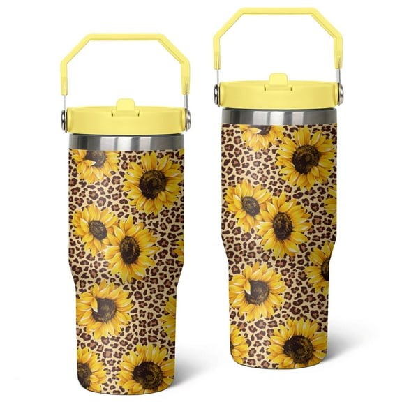 30oz Sunflower Stainless Steel Tumbler with Top Handle,Cute Floral Travel Coffee Mug Flip Straw Cup,Gifts for Women Girls Men Adults(light-yellow)