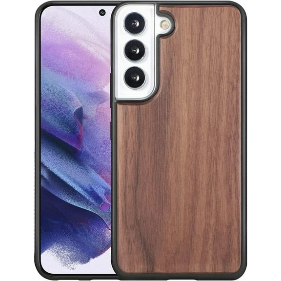 Solid Wood Phone Case for Samsung Galaxy S22, Luxurious Natural Wood Slim Case with Drop Tested Shockproof Bumper and Camera Lens Protection Cover for Samsung Galaxy S22, MW Walnut
