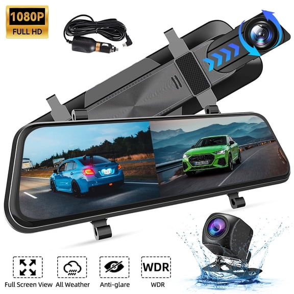 VTIN 10'' IPS Vehicle Mirror Dash Cam, 1080P Front 720P Rear Night Vision, 170° Wide Angle IP68 Waterproof Backup Camera Touch Screen Parking Assistance Loop Recording G-Sensor