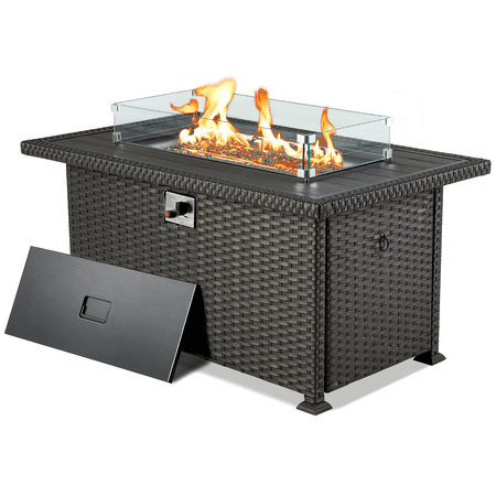 HOMREST Propane Fire Pit Table  50 Inch 50 000 BTU Auto-Ignition Gas Fire Pit Table Rectangular /w Glass Wind Guard  Wood Plastic Composites Tabletop  CSA Certification Firepit for Outdoor Patio Lawn