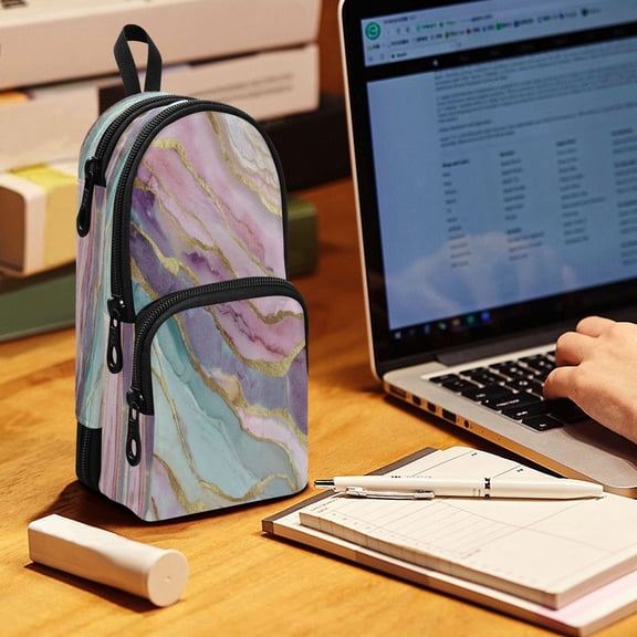 Backpack Pencil Case, 3 Compartment Large Capacity Oxford Fabric Pencil Pouch / Colorful Beautiful Marble Veins