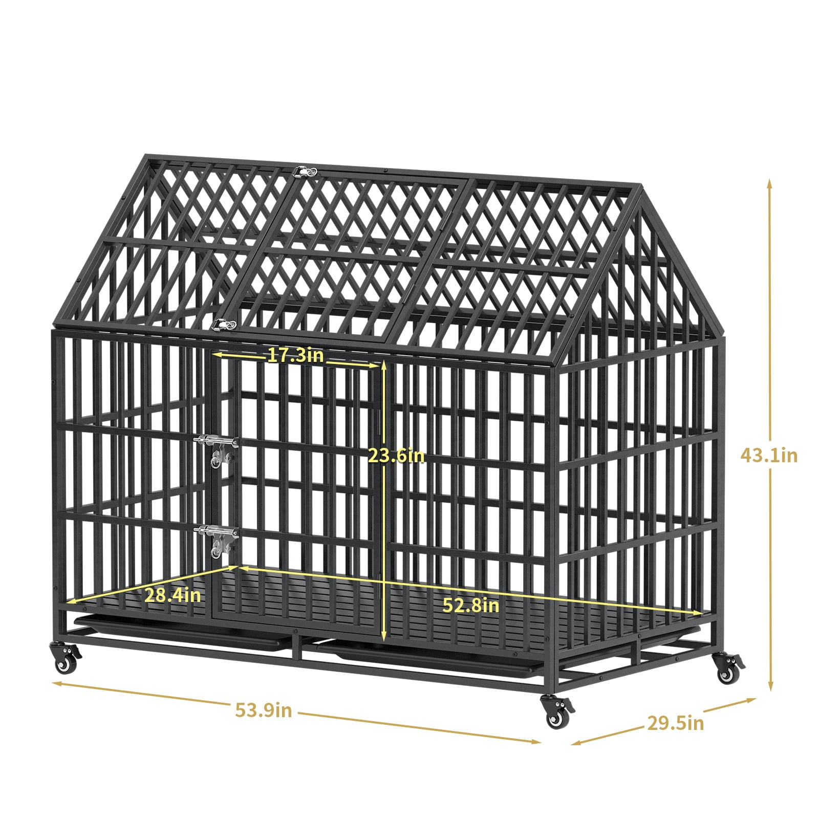 52 Inch Heavy Duty Dog Crate Extra Large Dog Cage Kennel, Indestructible XXL Dog Crate with Roof Top, Trays and Wheels, Escape Proof for High Anxiety Giant Dogs