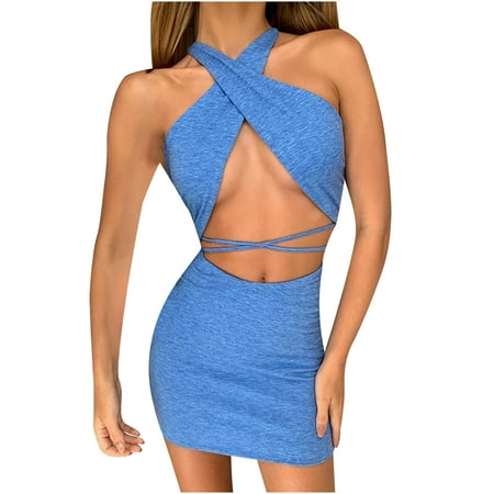 

Homenesgenics Womens Jumpsuits and Rompers Sleeveless Women Sexy Summer Sleeveless Solids Hallter Nightdress Party Skirt+Top