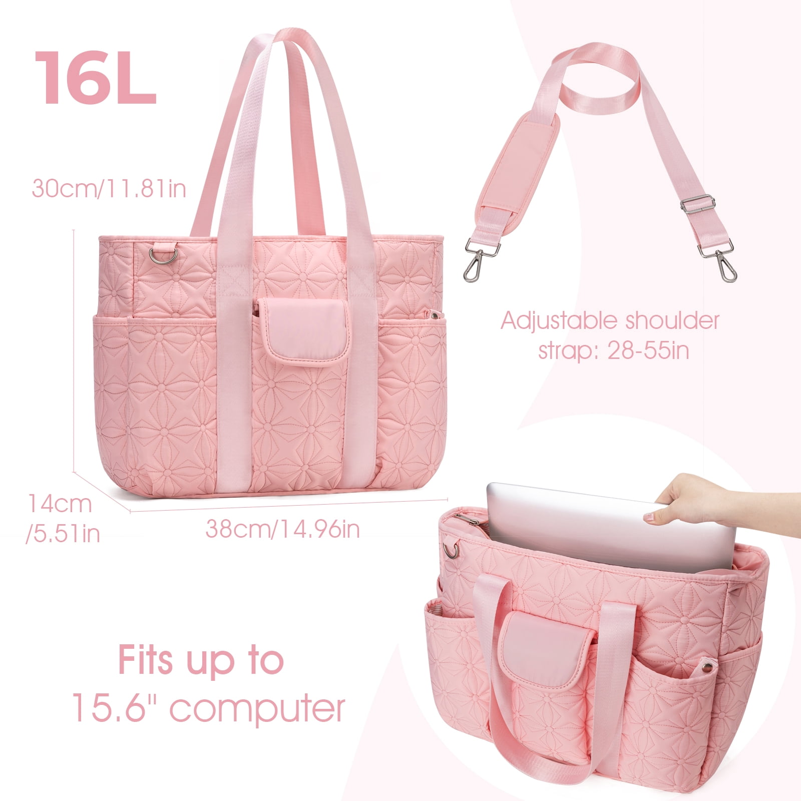 Canvas Tote Bag with Multi Pockets, Kabaqoo Crossbody Tote Bag for Women, Large Shoulder Handbag with Compartments, Pink
