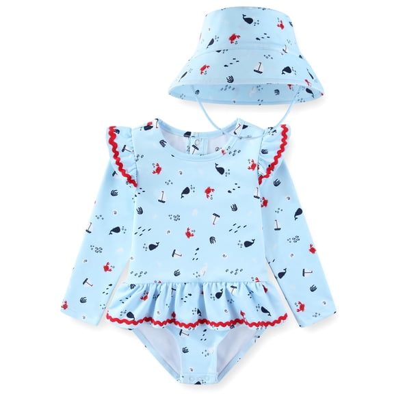 Sperry UPF 50  Rash Guard One Piece Swimsuit Bathing Suit with Bucket Sun Hat (Baby Girls), 2 Piece Swimwear Set, Sizes 12M-24M