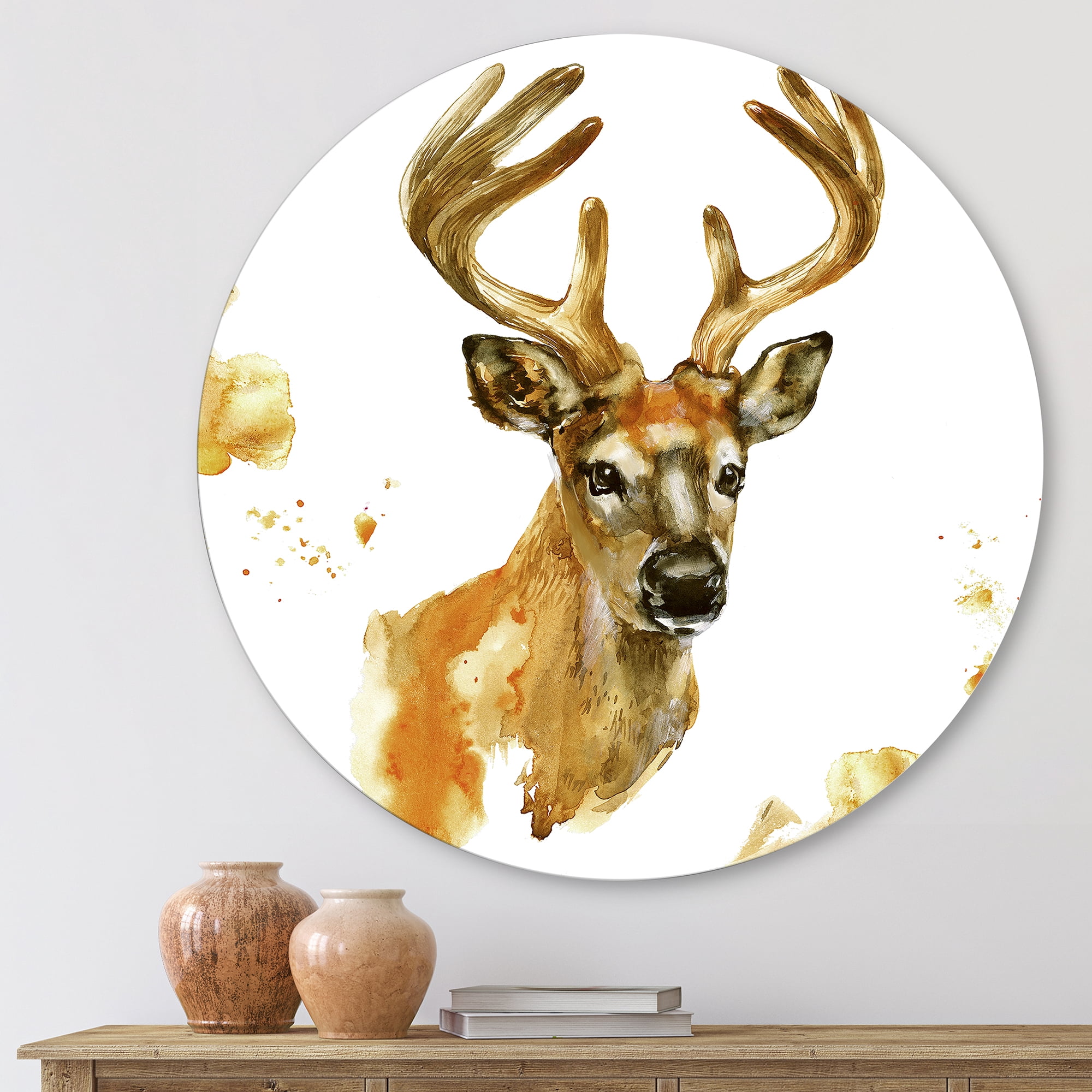 Designart 'Abstract Portrait Of Deer With Big Horns' Farmhouse Circle Metal Wall Art 11x11 - Disc of 11