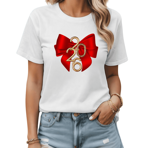 Family Festive T-Shirt - Red Bow 2026 Graphic Tee - Classic Satin Short Sleeve Holiday Tops