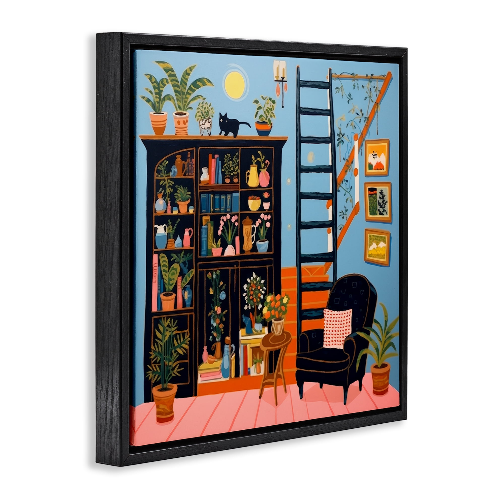Stupell Industries Eclectic Fun Bookshelf Furniture Painting Black Floater Framed Canvas Art Print Wall Art, 25 x 25