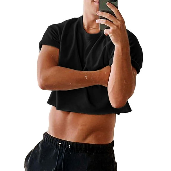 Sherrylily Mens Sexy Cropped Top Short Sleeve Print Cotton Crop T Shirts