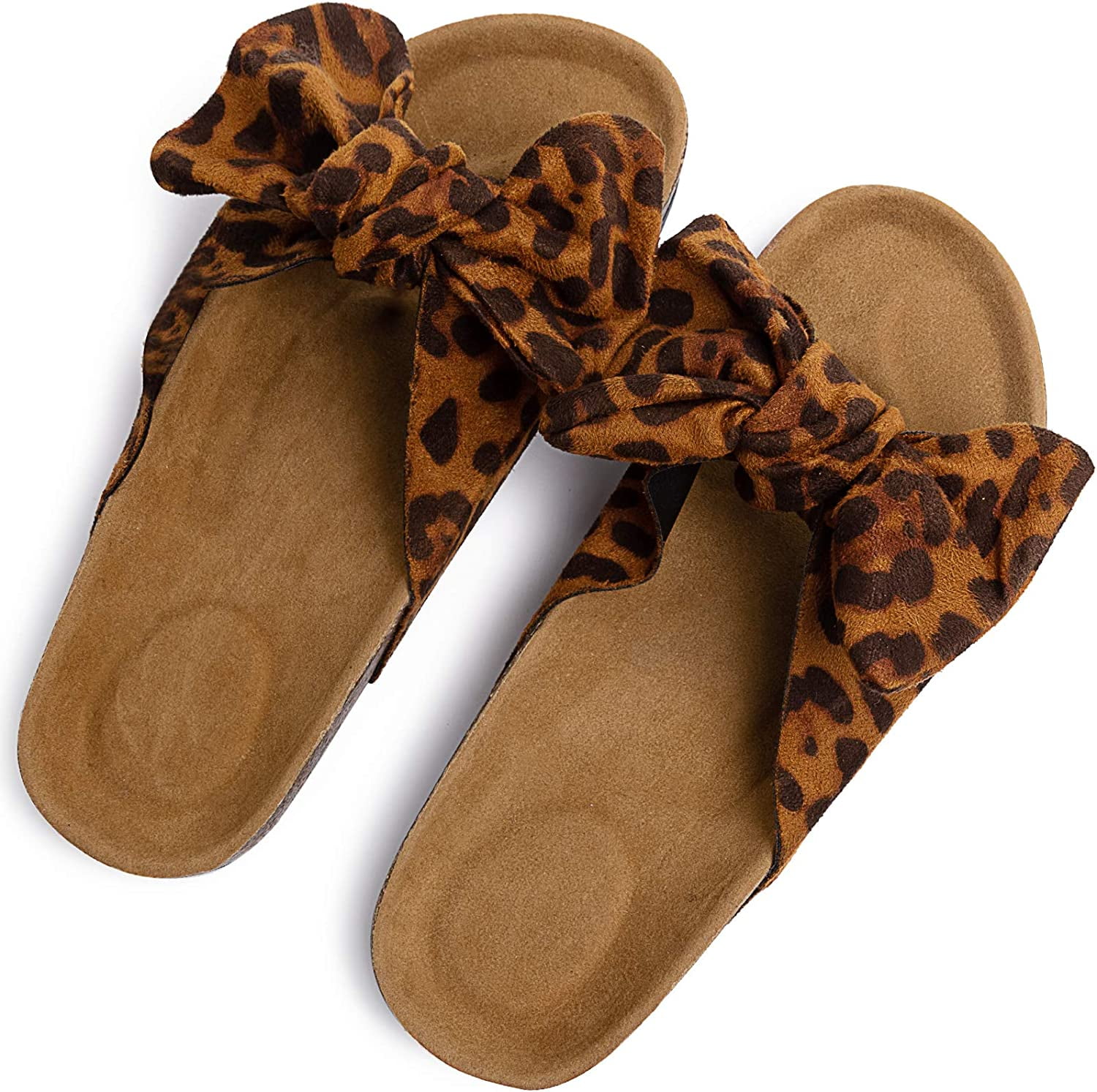 Womens Leopard Slide Sandals Soft Cork Footbed Slip On Slides with Arch