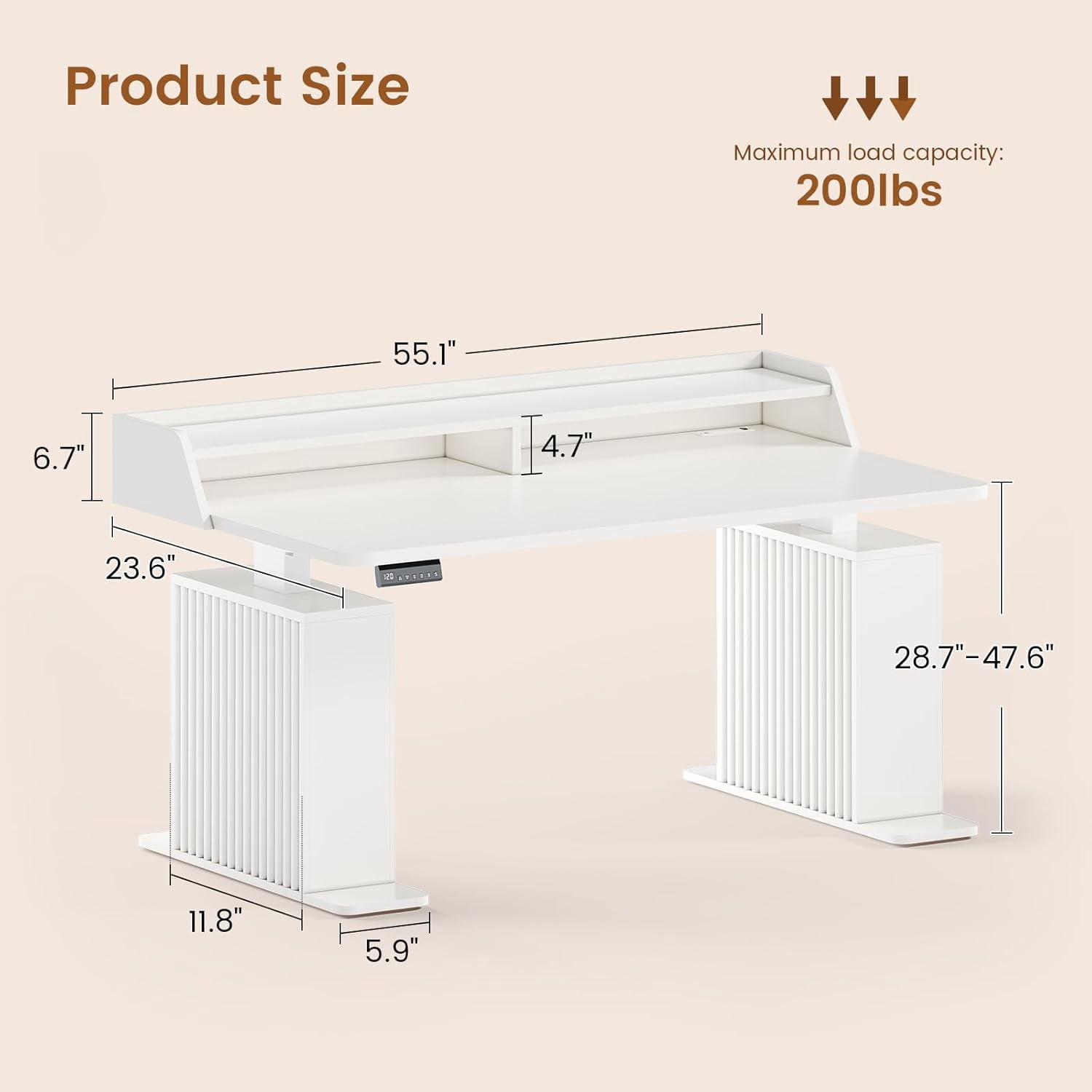 SEDETA Fluted Standing Desk with Storage, 55" Electric Stand Up Home Office Desk with Power Outlets & LED Lights，Farmhouse Computer Desk, Height Adjustable Table with Monitor Stand, White