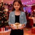 thumbnail image 5 of Girls Sequin Jacket Sparkly Glitter Open Front Cropped Blazer Lightweight 3/4 Length Sleeve Jacket Light Gray 140, 5 of 7