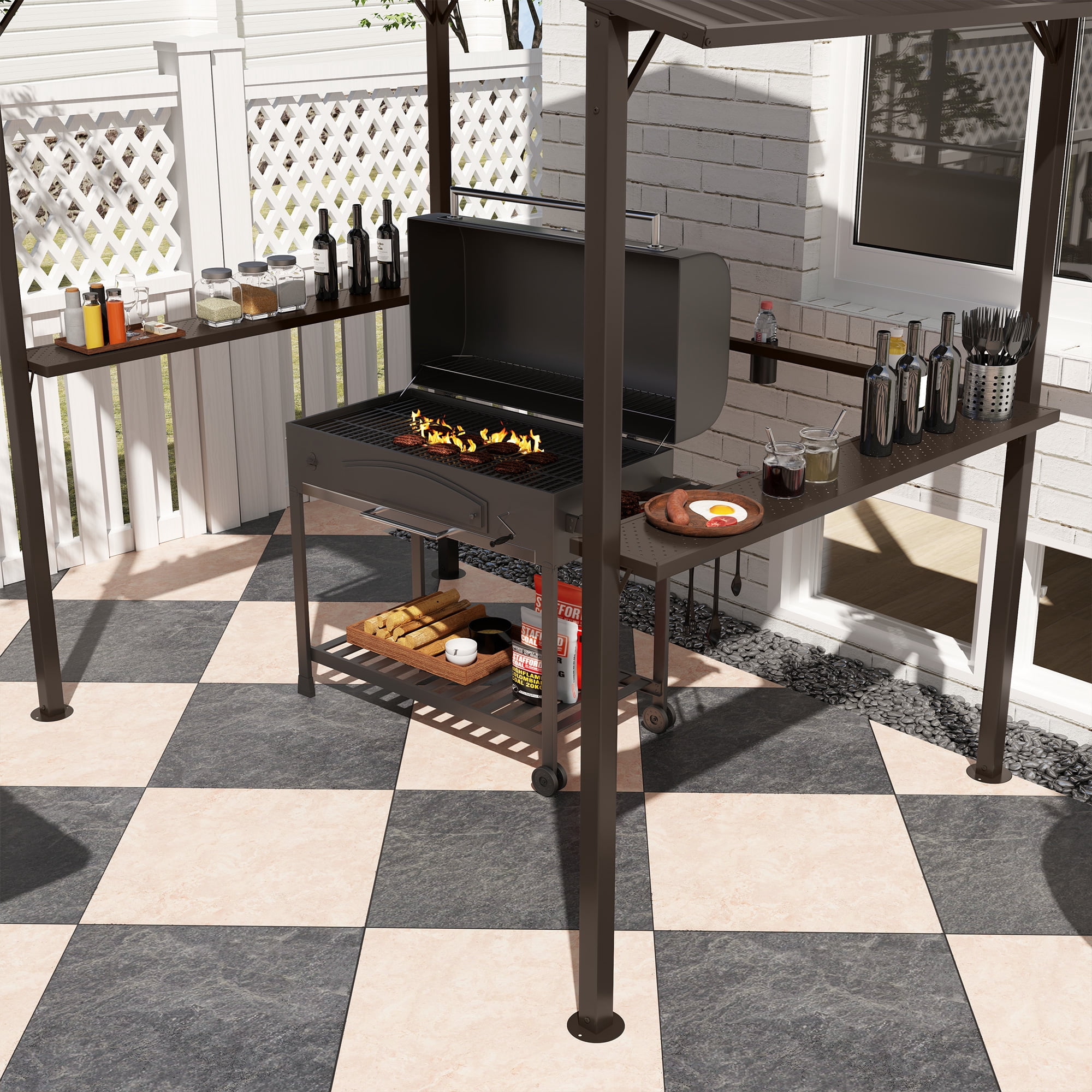 Outsunny 8' x 5' Hardtop Grill Gazebo, Outdoor BBQ Gazebo with Double Metal Roof, 2 Side Shelves and 4 Cup Holders for Patio Backyard Lawn Deck