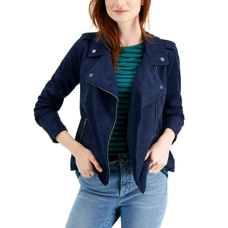 Style & Co Petite Faux Suede Moto Jacket Industrial Blue PXS