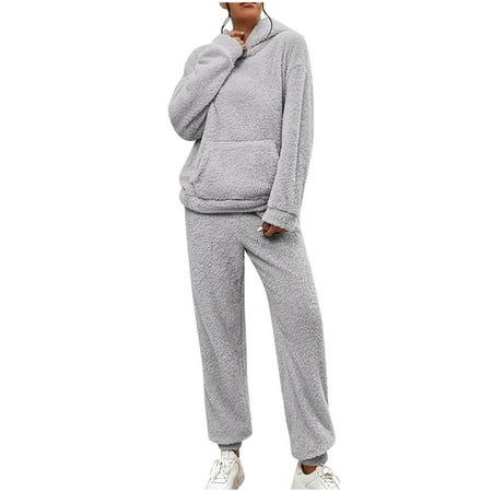 Tbopshirt Pajamas for Women Plush Hooded Long Sleeved Three-dimensional Patch Pocket Casual Pants Solid Color Set Home Womens Pajama Sets