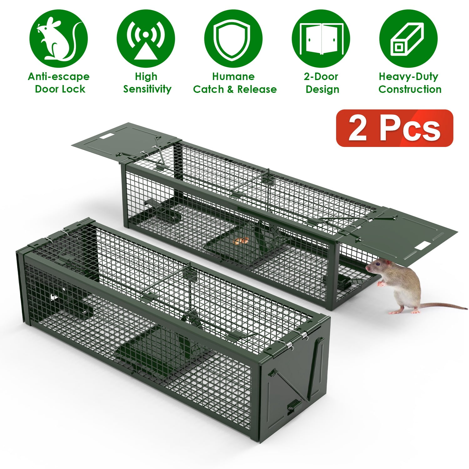 Teqhome 2Pack 15.35x4.72x3.94in Mouse Traps for Home Humane Mouse Traps 2-Door Galvanized Iron Reusable Humane Live Rat Trap for Home Garden Farm （ArmyGreen）