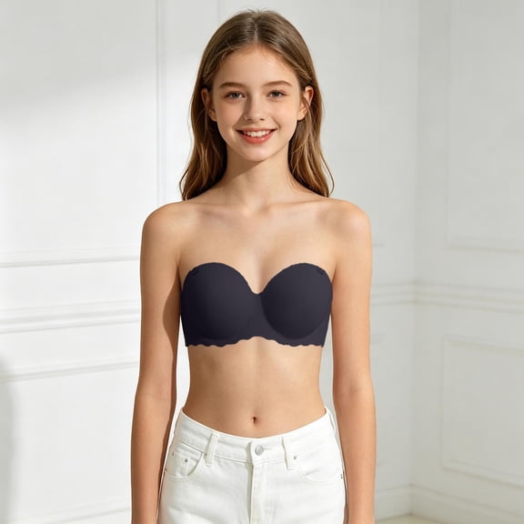 Girls Strapless Bra Teens Bandeau BrasClear Straps Wireless Top Seamless Training Bra(Black,36)