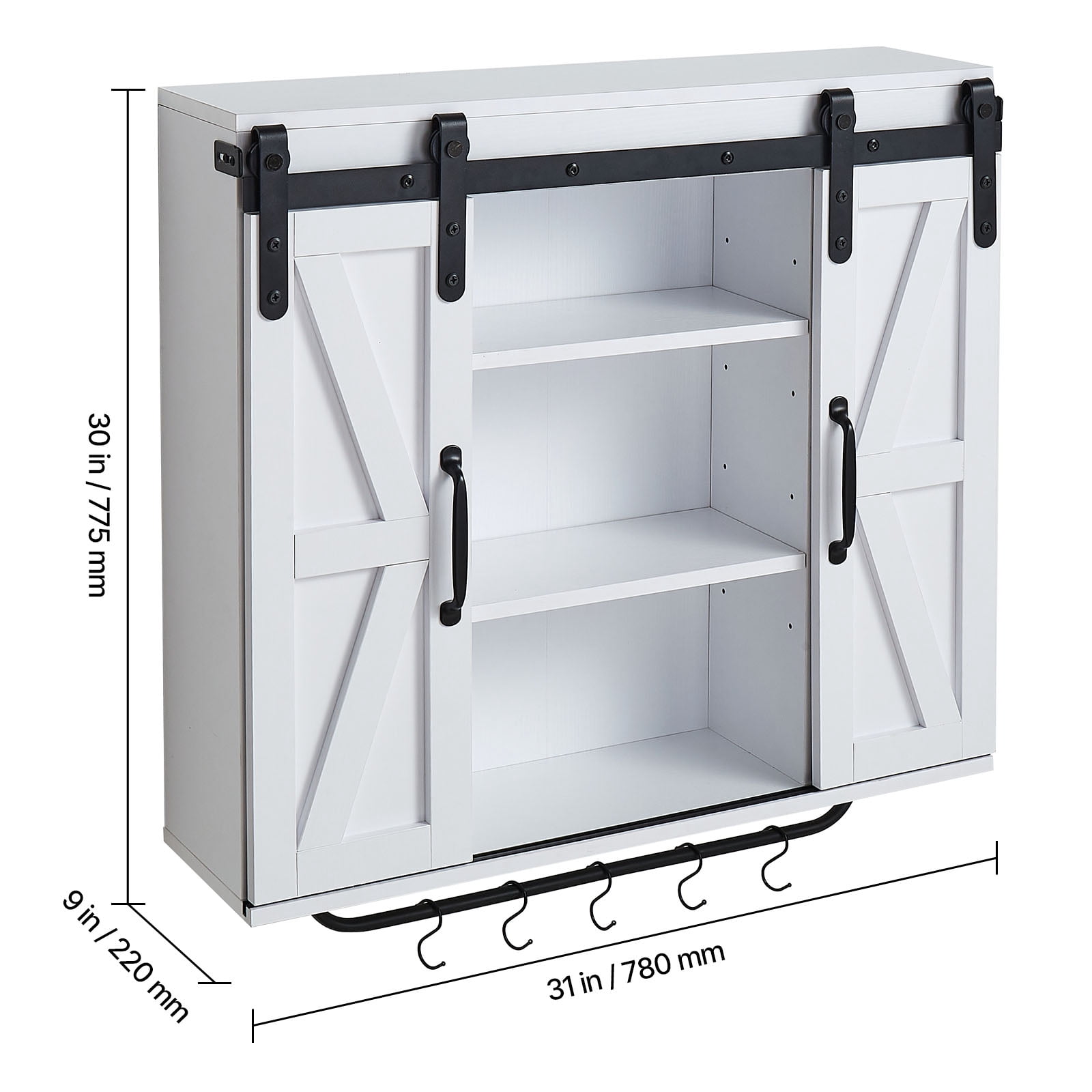 KFFKFF Bathroom Wall Cabinet with Adjustable Shelf, 2 Doors, and Open Storage Space, Wall-Mounted Organizer with Towel Bar and Hooks for Bathroom, Laundry Room, or Kitchen, White