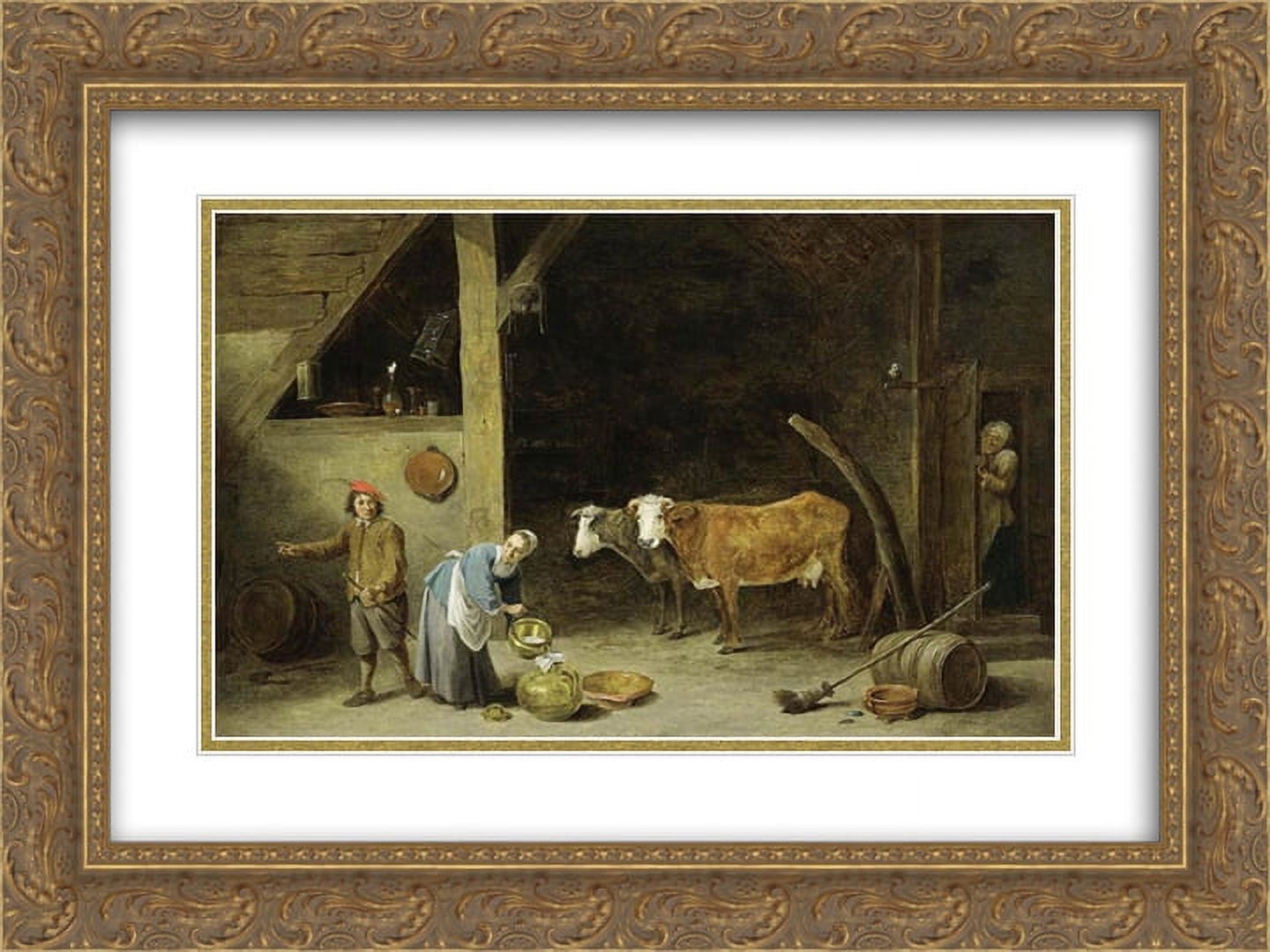 Red Folk Bunny 2x Matted 20x12 Black Ornate Framed Art Print by