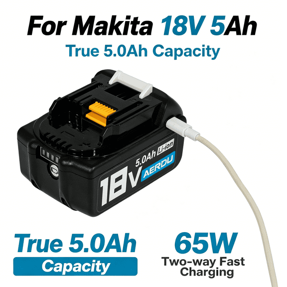 AERDU 18V 5.0Ah Lithium-Ion Battery for Mk with USB-C PD64W Fast Charging for Cordless Power Tools