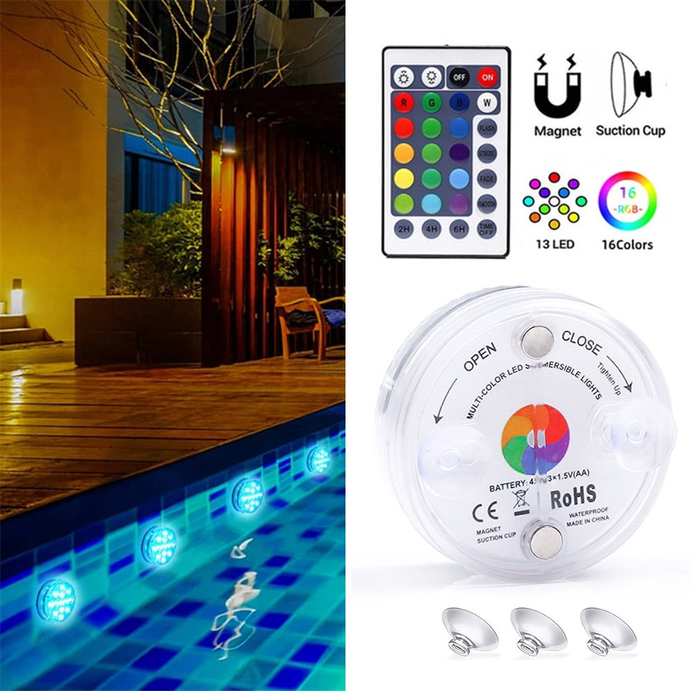Alilimall Submersible LED Lights 13 Leds Pool Lights for Inground Pool with 3 Magnets Suction Cups RF Remote Waterproof Color Changing Underwater Lights for Garden Pond Fountain Bathtub Hot Tub 2pcs 