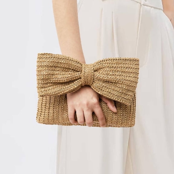Straw Bow Purse Women Clutch Bag Bohemian Crescent Clutch Foldable Bow Handle Zipper Closure Straw Braided Handbag