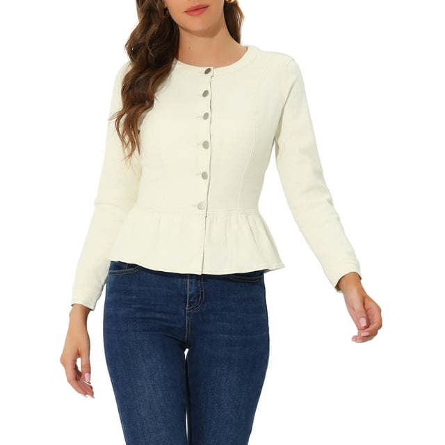 INSPIRE CHIC Women's Denim Jackets Button Down Peplum Hem Long Sleeves Mother's Day Cropped Jean Jackets Beige M