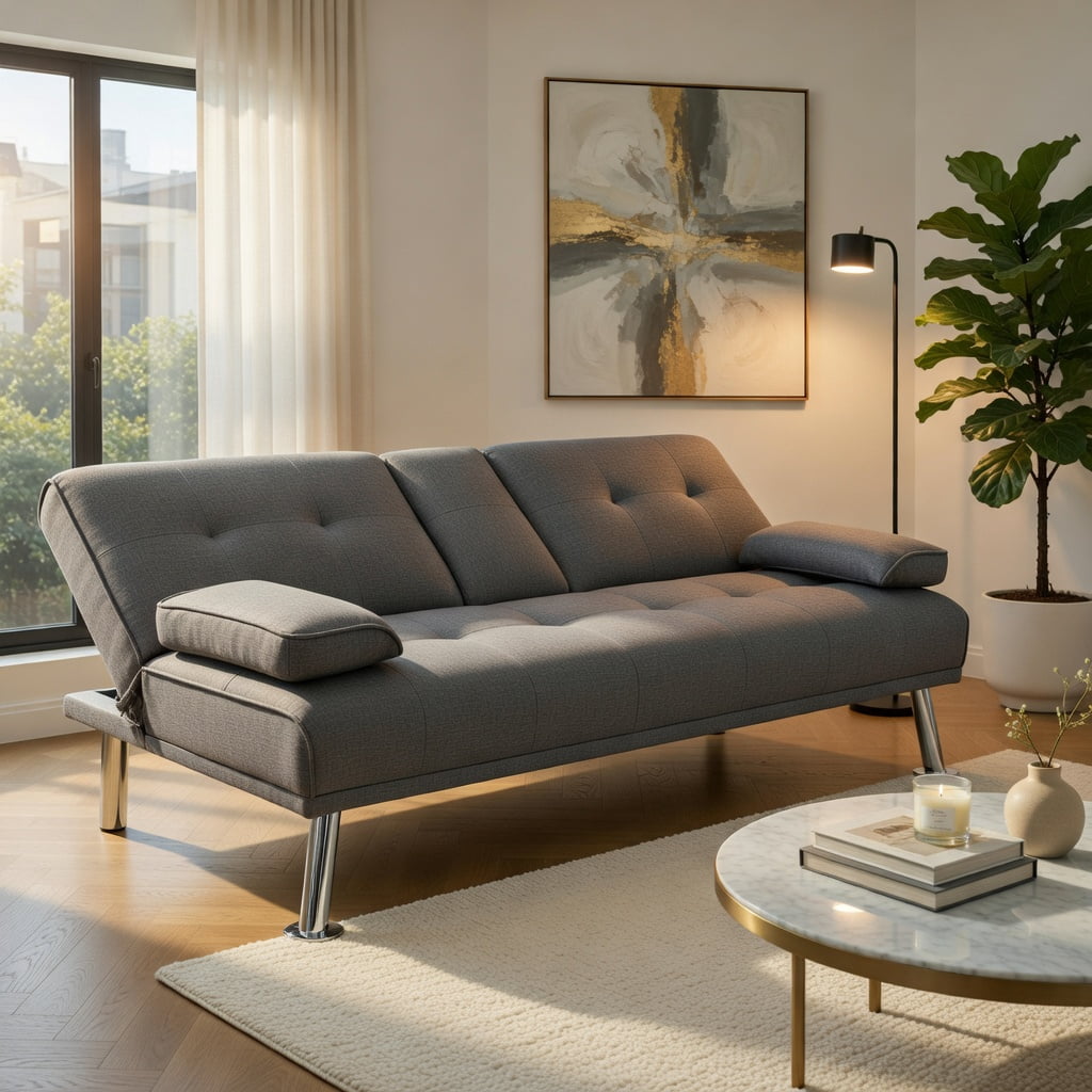 Hommoo Convertible Futon Sofa Bed with 2 Cup Holders – Light Gray Linen Fabric, 3-Position Reclining Foldable Sleeper for Small Spaces