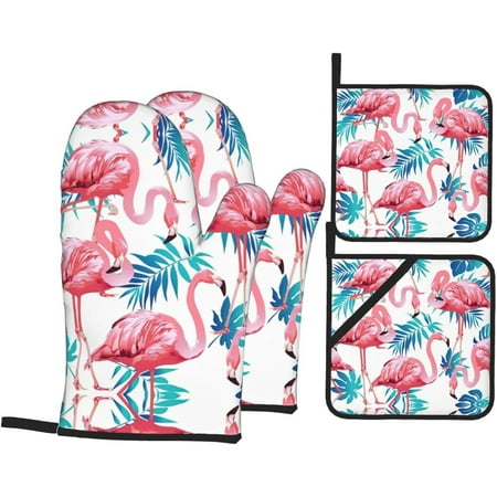 

Flamingo Bird Green Plant Leaf Print Oven Mitts and Pot Holders 4pcs Set Kitchen Oven Glove for Cooking Baking BBQ