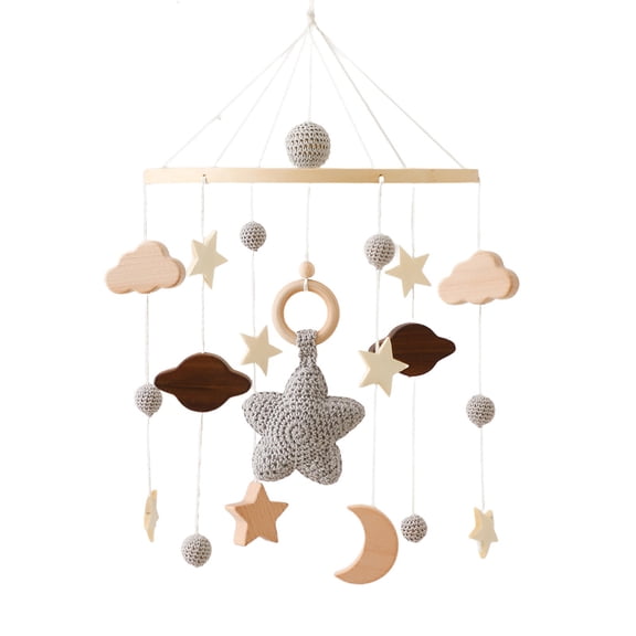Handmade Wooden Baby Crib Bell – Full Sky Star Mobile with Felt Balls, Neutral Nursery Decoration for Newborns