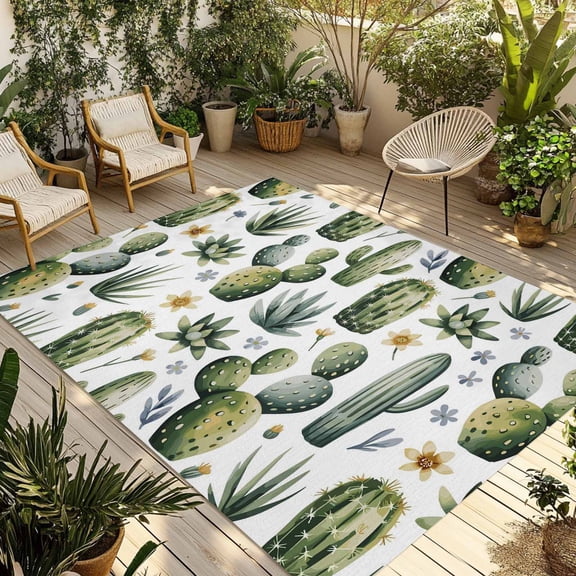 Modern Cactus Outdoor Rug for Patio/Deck/Porch, Non-Slip Large Area Rug 3 x 5 Ft, Spring Watercolor Country Green Plant Indoor Outdoor Rugs Washable Area Rugs, Reversible Camping Rug Carpet Runner