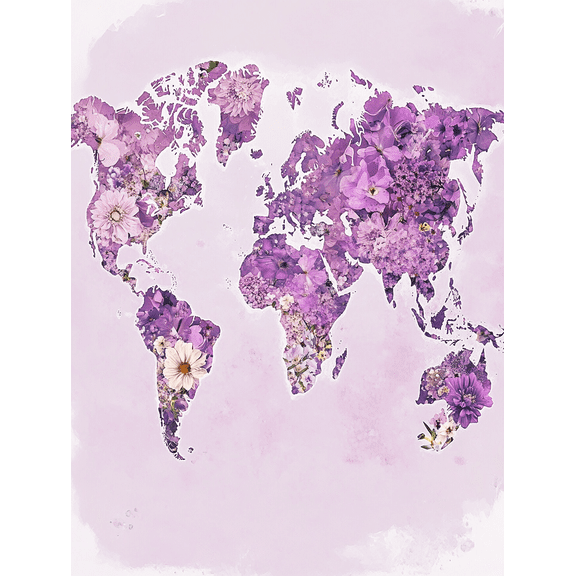 Purple Flowers World Map Canvas Print/Wall Art, Suitable for Living Room, Bedroom, Office, Bathroom, and Hallway Decoration.