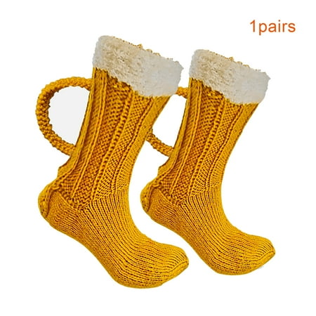 

NVPPXV 3D Beer Mug Socks Cute Unisex Funny Novelty Yellow Knit Socks Winter Warm Thick Floor Sock for Men Women Christmas Gift
