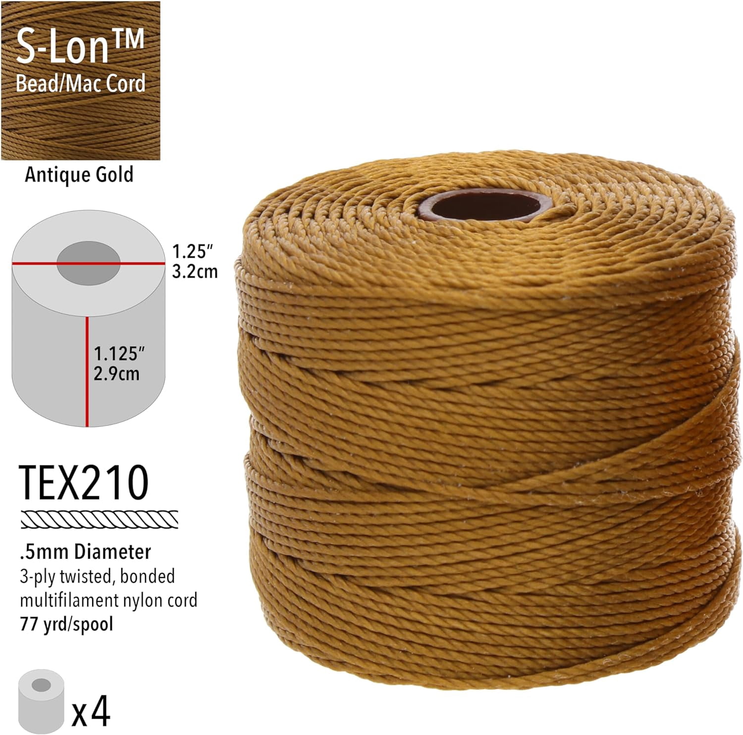 The Beadsmith S-Lon Bead Cord – .5 mm Twisted Nylon Cord, 4 Spools, Antique Gold Color, TEX210, 77 Yards
