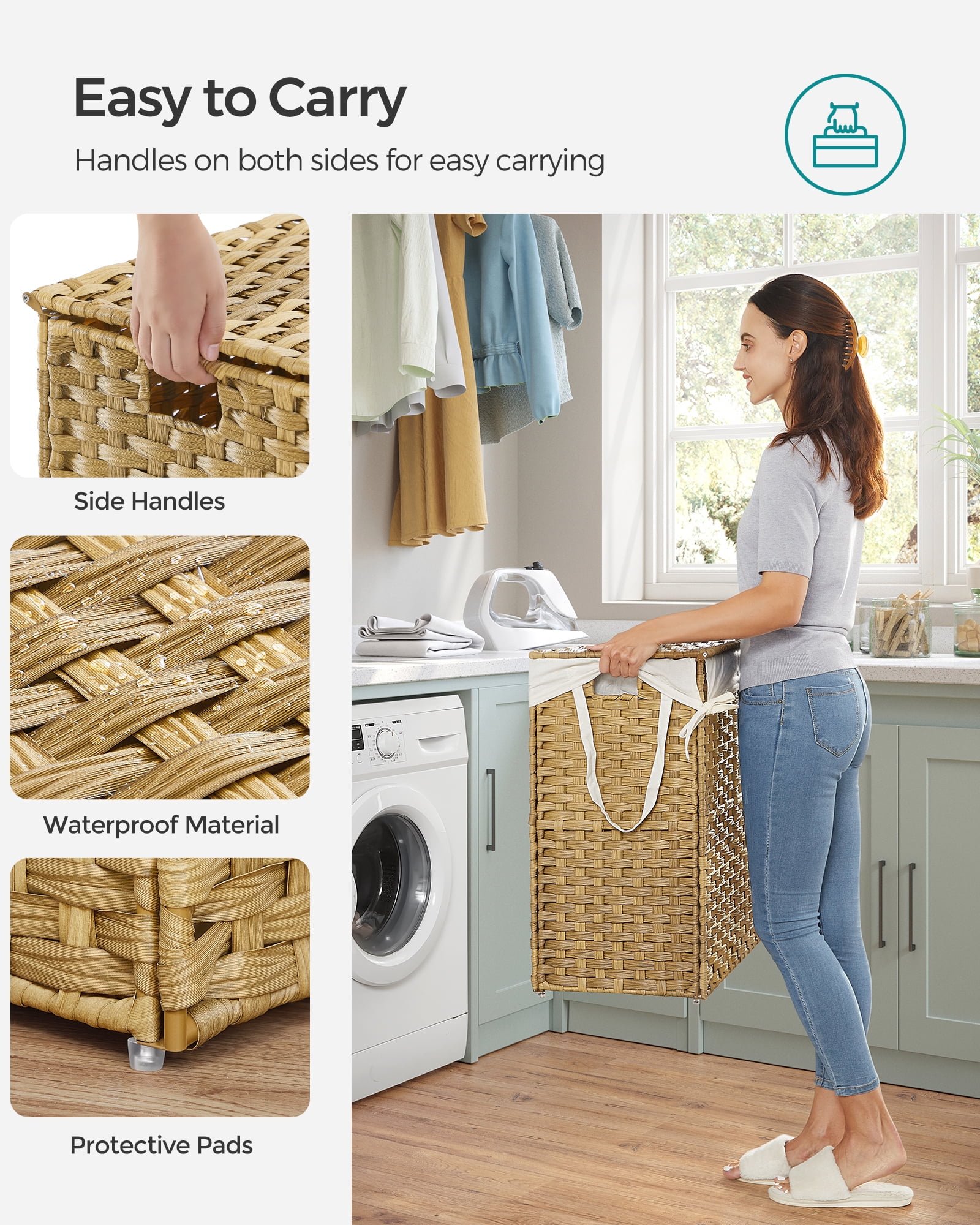 LEDREM Double-Section Laundry Hamper with Lid - 90L Capacity, 2 Removable Washable Liners, 6 Mesh Bags, Steel Frame & Wicker for Bathroom, Natural