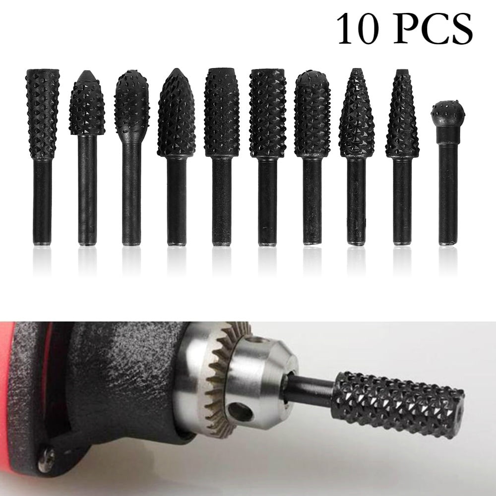 10pcs Rotary Burr Set Wood Carving File Chic Rasp Drill Bits Tool