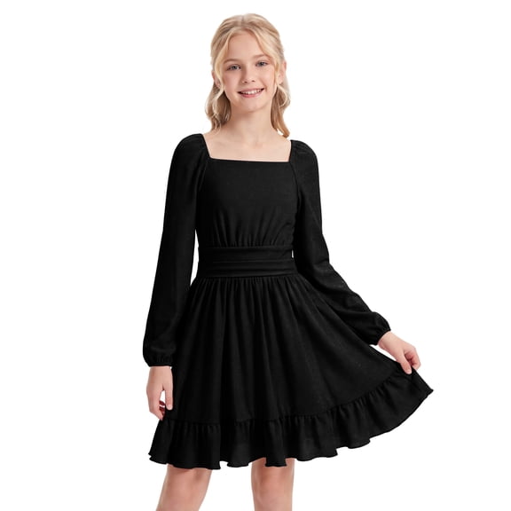 IBTOM CASTLE Teen Girl Sparkly Long Sleeve Formal Party Dress Junior Christmas Halloween Glitter Holiday Dress Tween Fancy Birthday Sneaker Ball Gown 11-12 Years Black