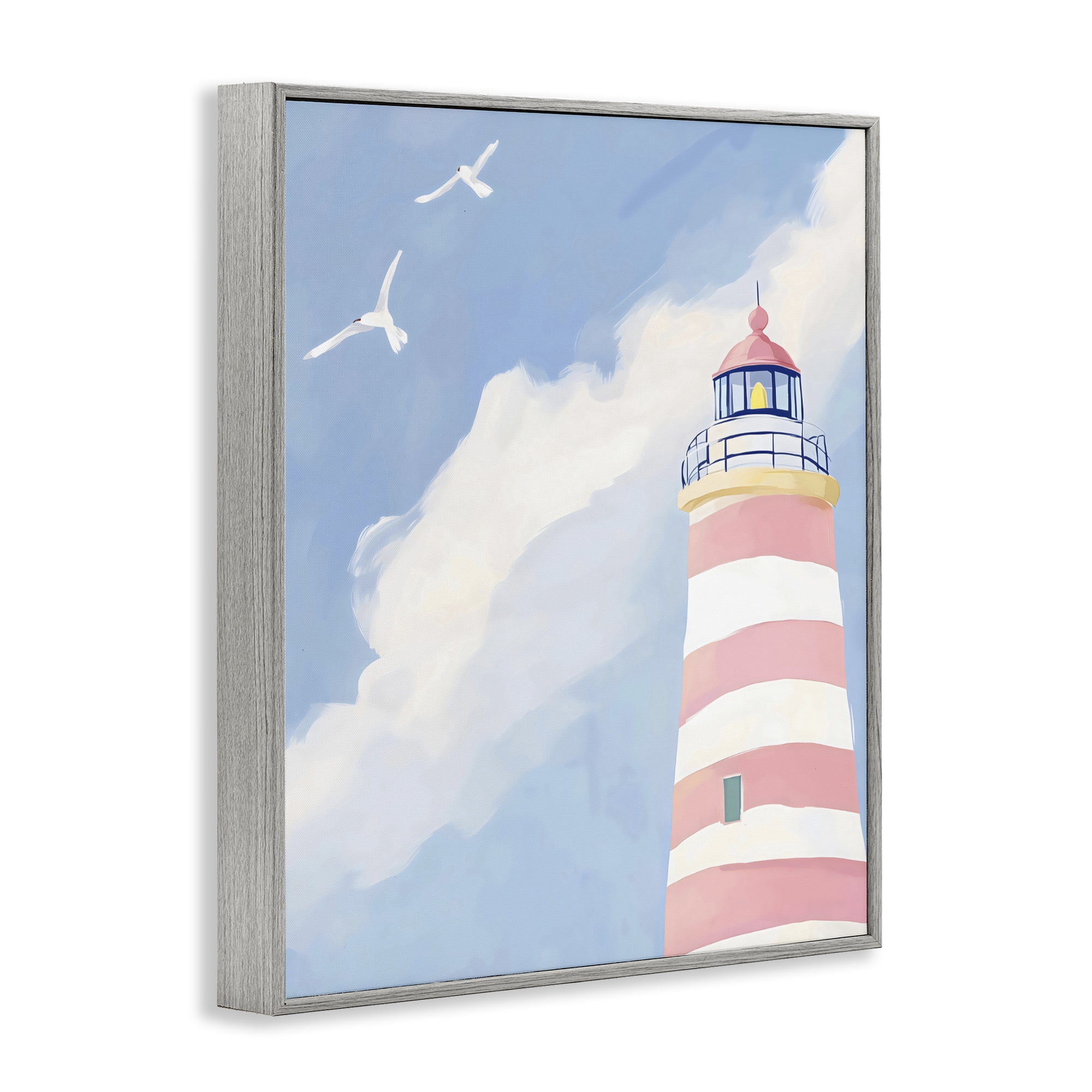Stupell Industries Striped Lighthouse with Seagulls Gray Framed Giclee Art, design by The Prints Vibe