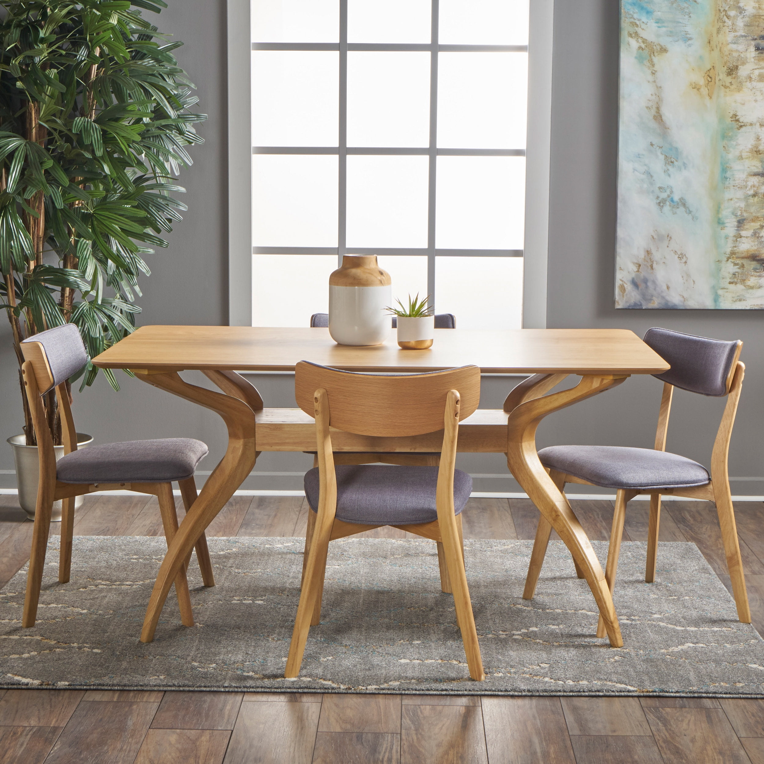 Noble House Banbury Mid Century Modern Wood 5-Piece Dining Set, Natural Oak, Dark Grey