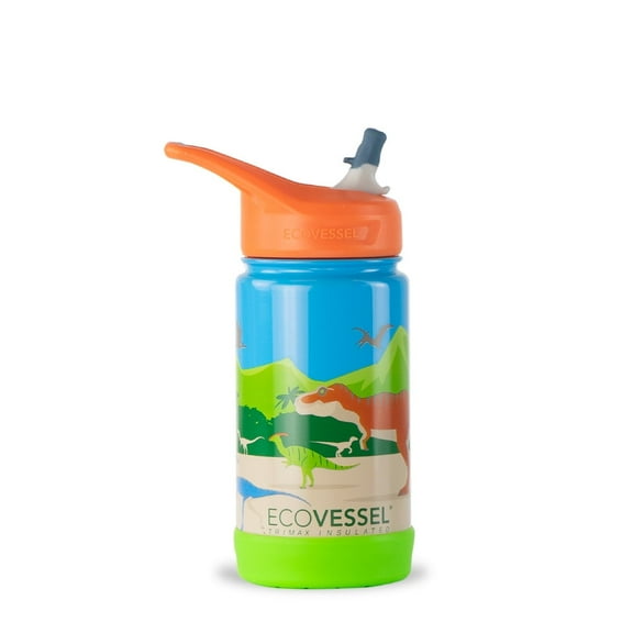 EcoVessel FROST Trimax Stainless Steel Insulated Kids Water Bottle w/Carrying Handle, Flip Straw Lid, and Silicone Bottle Bumper 12oz (Dinosaur)