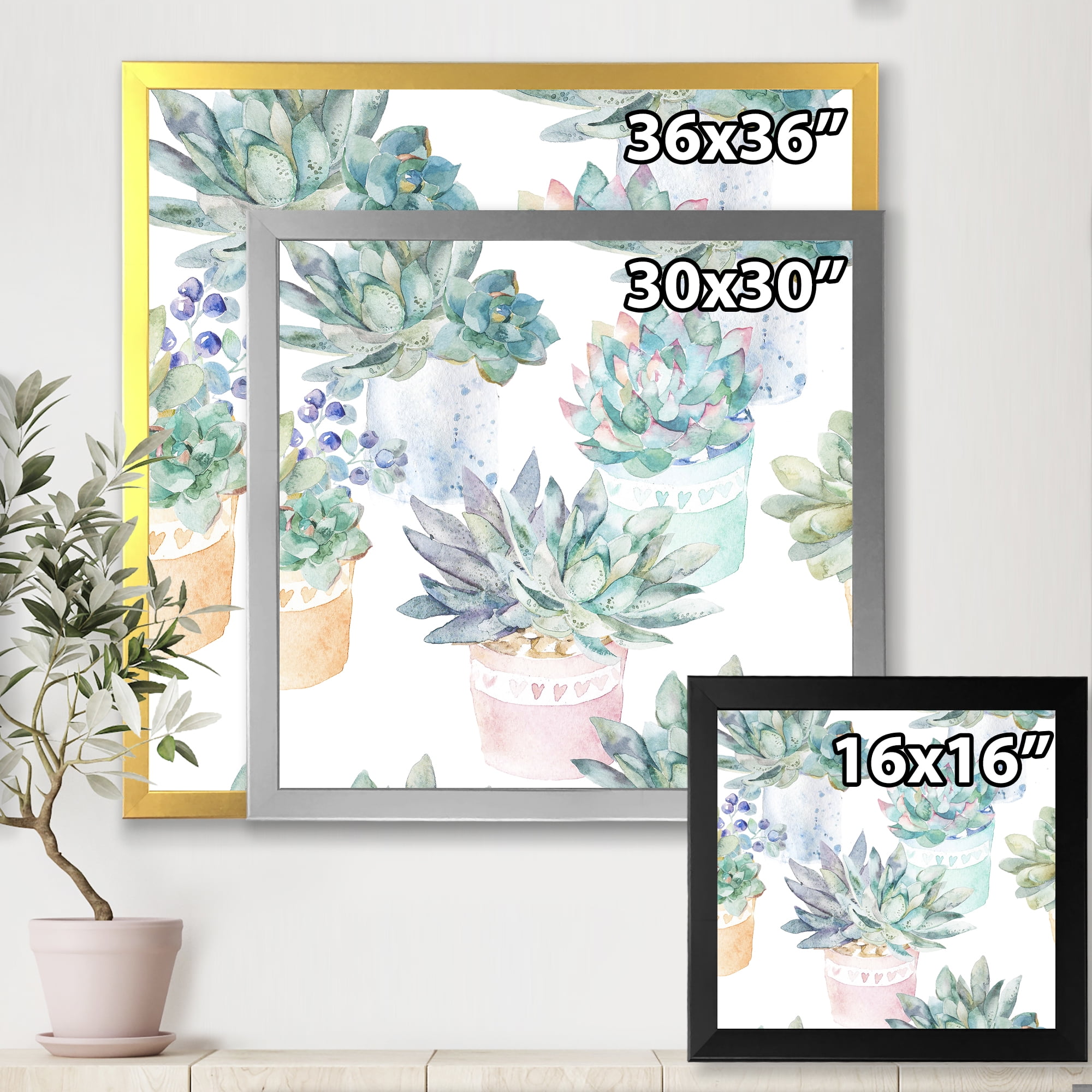 Designart 'Pastel Toned Succulent Housplants in Flowerpots' Traditional Framed Art Print